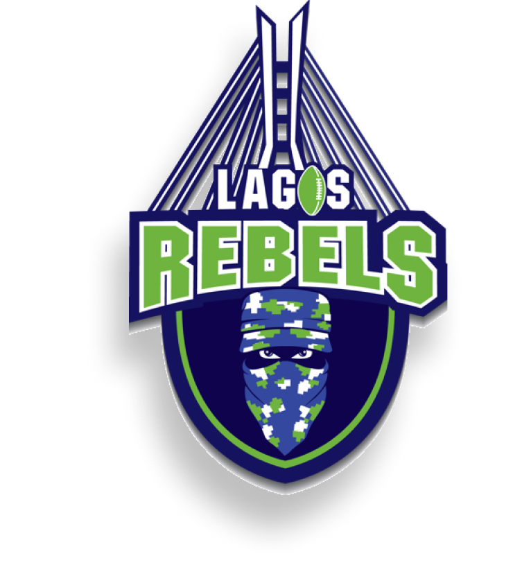 This is an image of the Rebels flag football team in Lagos, Nigeria. 
                    Their logo has nice hues of blue and green with the Eko bridge symbol nested on the crest of the team name.